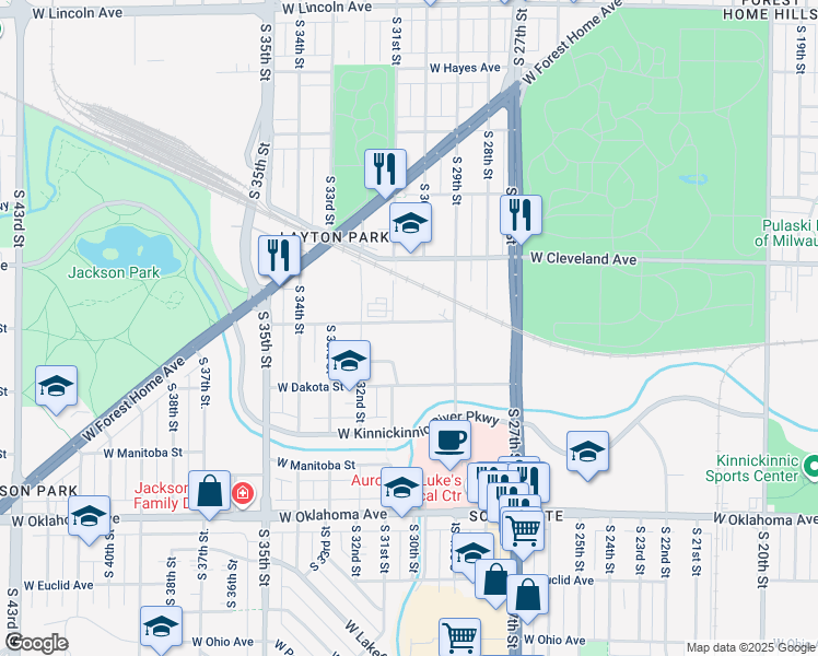 map of restaurants, bars, coffee shops, grocery stores, and more near 3031 West Montana Street in Milwaukee