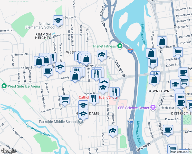 map of restaurants, bars, coffee shops, grocery stores, and more near 435 Dubuque Street in Manchester