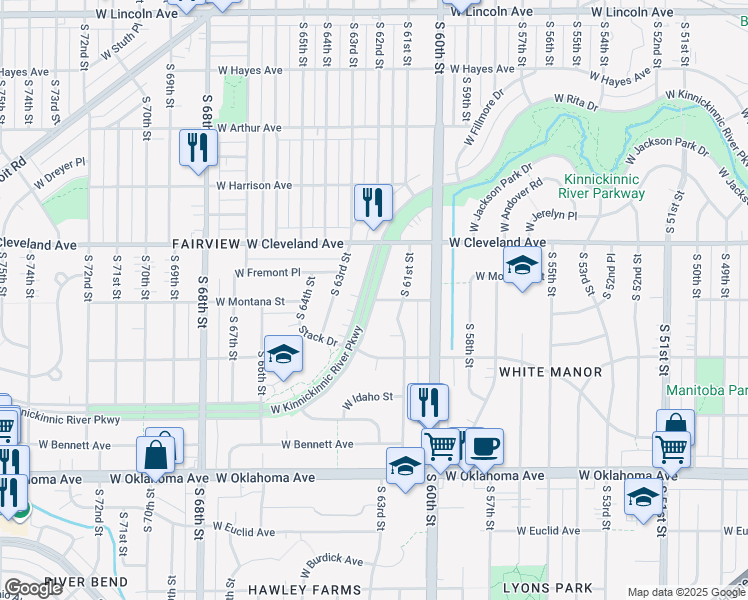 map of restaurants, bars, coffee shops, grocery stores, and more near W Kinnickinnic River Pkwy & W Montana St in Milwaukee