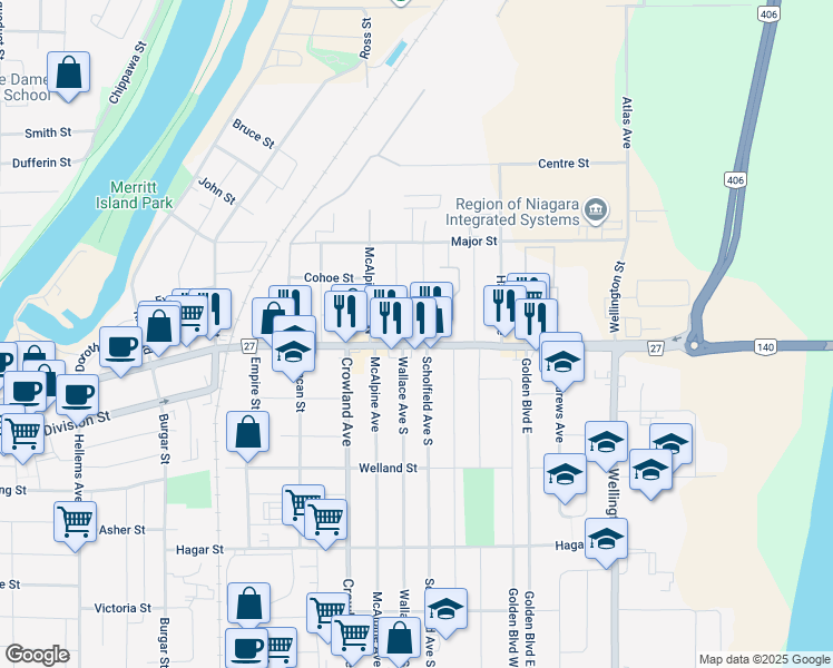 map of restaurants, bars, coffee shops, grocery stores, and more near 626 East Main Street in Welland