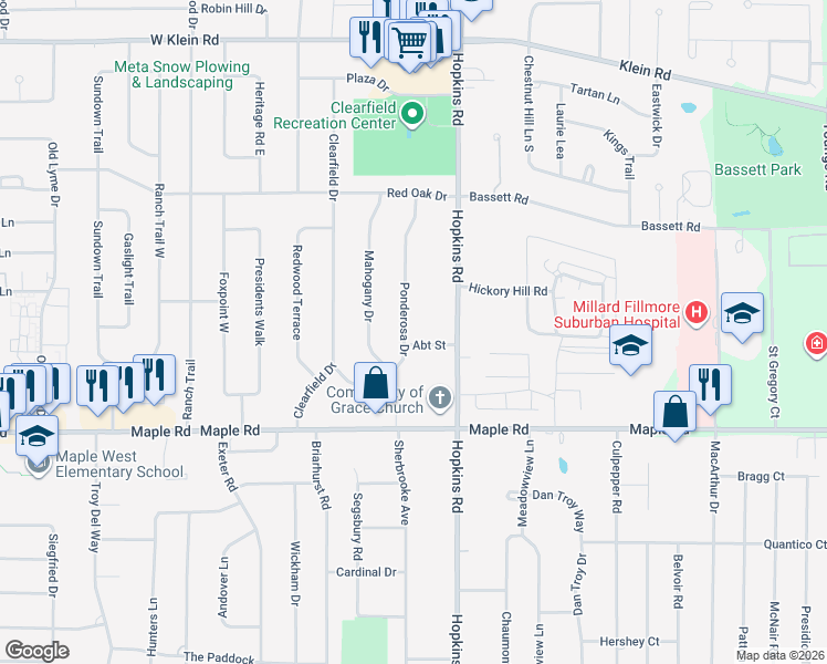 map of restaurants, bars, coffee shops, grocery stores, and more near 101 Ponderosa Drive in Buffalo