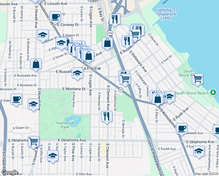 map of restaurants, bars, coffee shops, grocery stores, and more near 1200 East Montana Street in Milwaukee