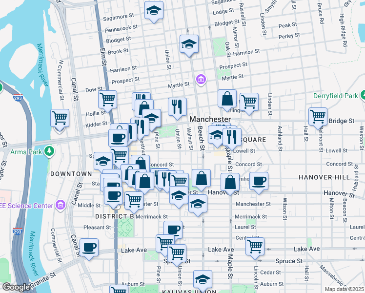 map of restaurants, bars, coffee shops, grocery stores, and more near 567 Union Street in Manchester