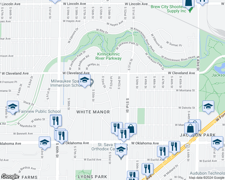 map of restaurants, bars, coffee shops, grocery stores, and more near 2774 S 52nd Pl in Milwaukee