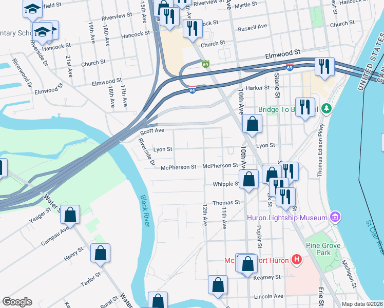 map of restaurants, bars, coffee shops, grocery stores, and more near 1641 Lyon Street in Port Huron
