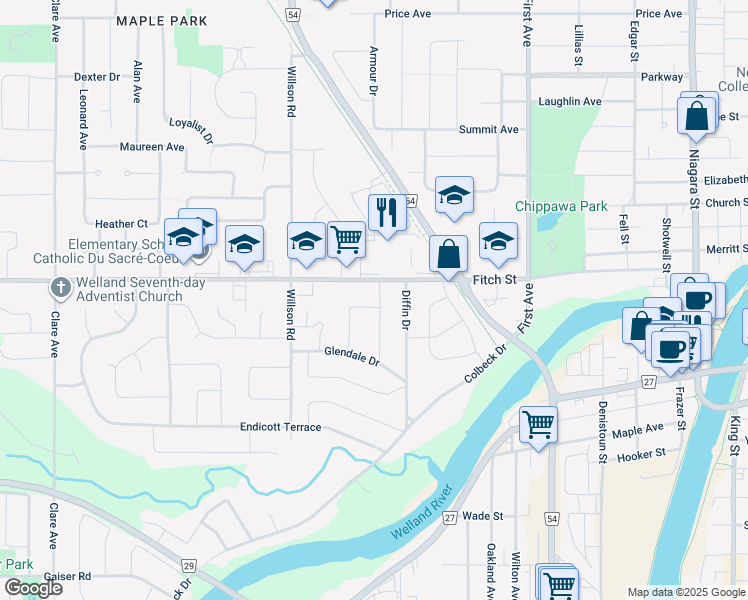 map of restaurants, bars, coffee shops, grocery stores, and more near 16 McNab Drive in Welland