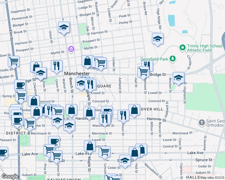 map of restaurants, bars, coffee shops, grocery stores, and more near 323 East High Street in Manchester