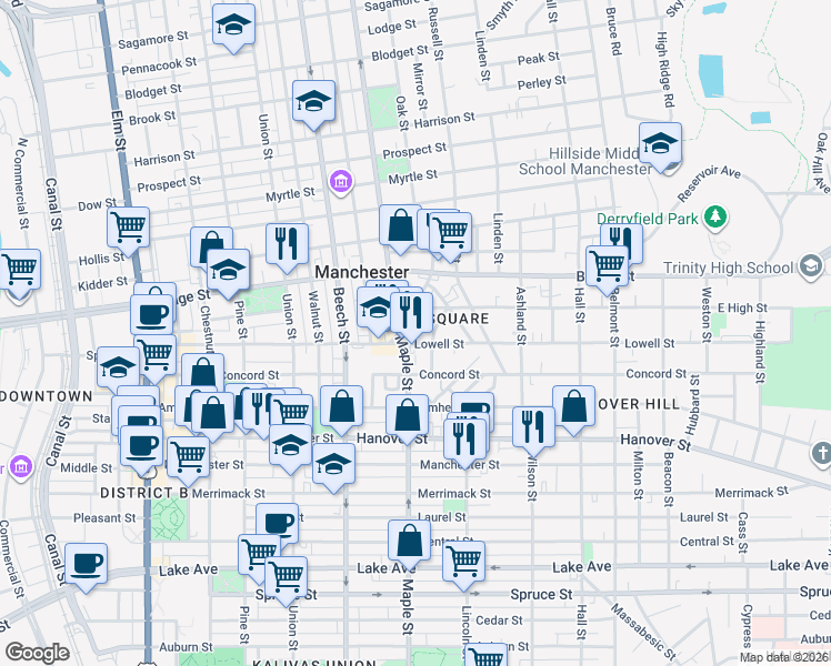 map of restaurants, bars, coffee shops, grocery stores, and more near in Manchester