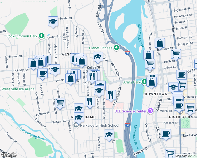 map of restaurants, bars, coffee shops, grocery stores, and more near 465 Cartier Street in Manchester