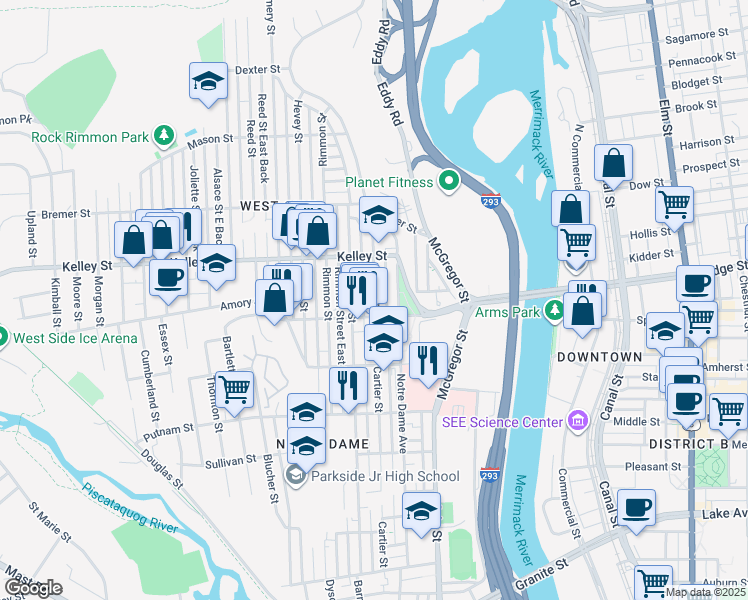 map of restaurants, bars, coffee shops, grocery stores, and more near 465 Cartier Street in Manchester