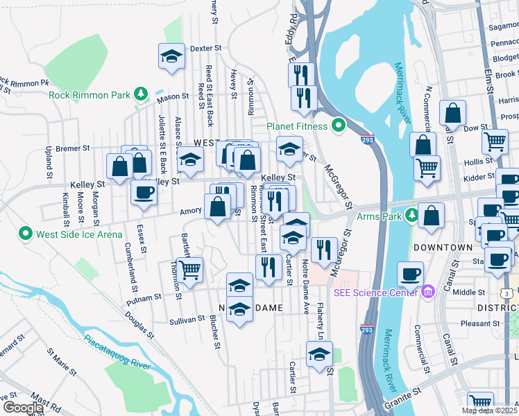 map of restaurants, bars, coffee shops, grocery stores, and more near 478 Dubuque Street in Manchester