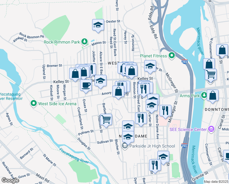 map of restaurants, bars, coffee shops, grocery stores, and more near 546 Montgomery Street in Manchester