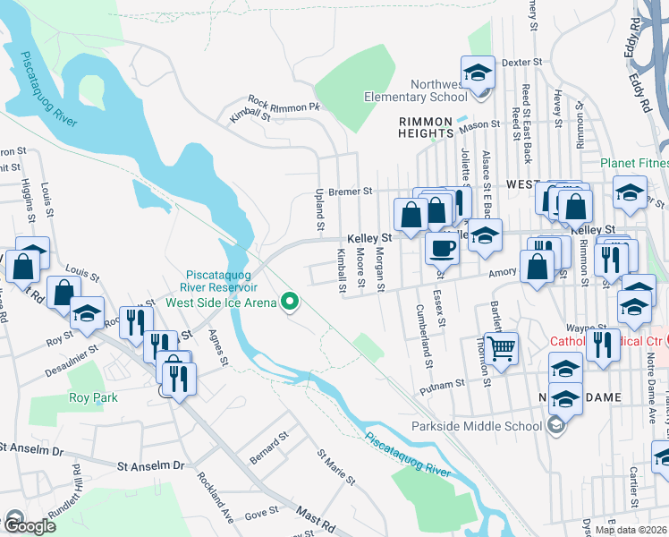 map of restaurants, bars, coffee shops, grocery stores, and more near 93 Kimball Street in Manchester