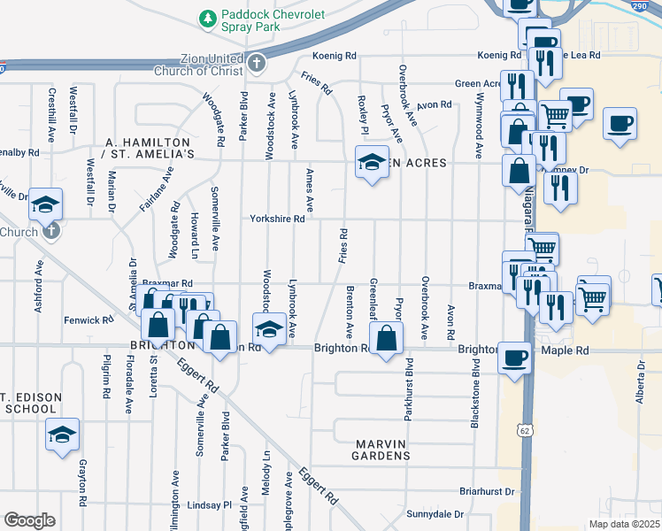 map of restaurants, bars, coffee shops, grocery stores, and more near 39 Ames Avenue in Tonawanda