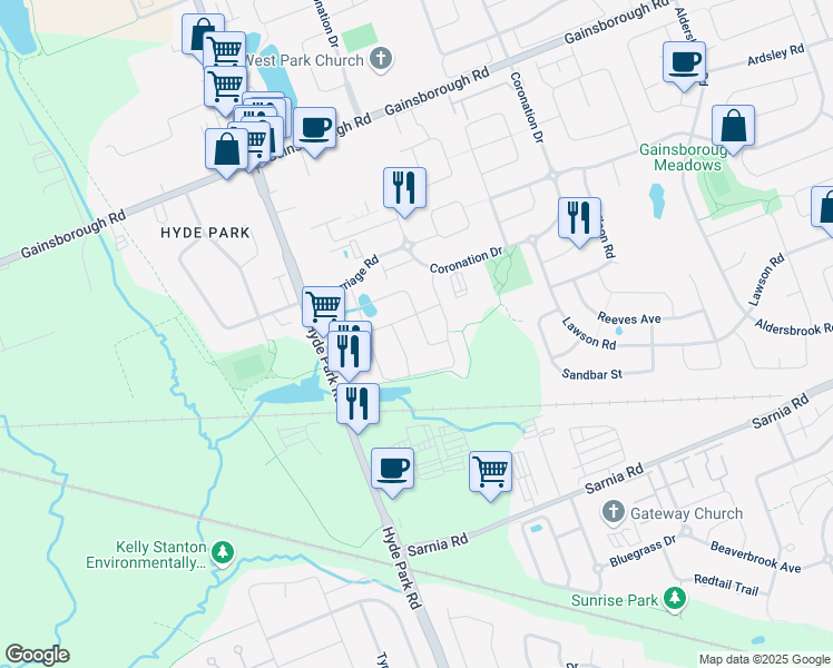 map of restaurants, bars, coffee shops, grocery stores, and more near 1872 Finley Crescent in London