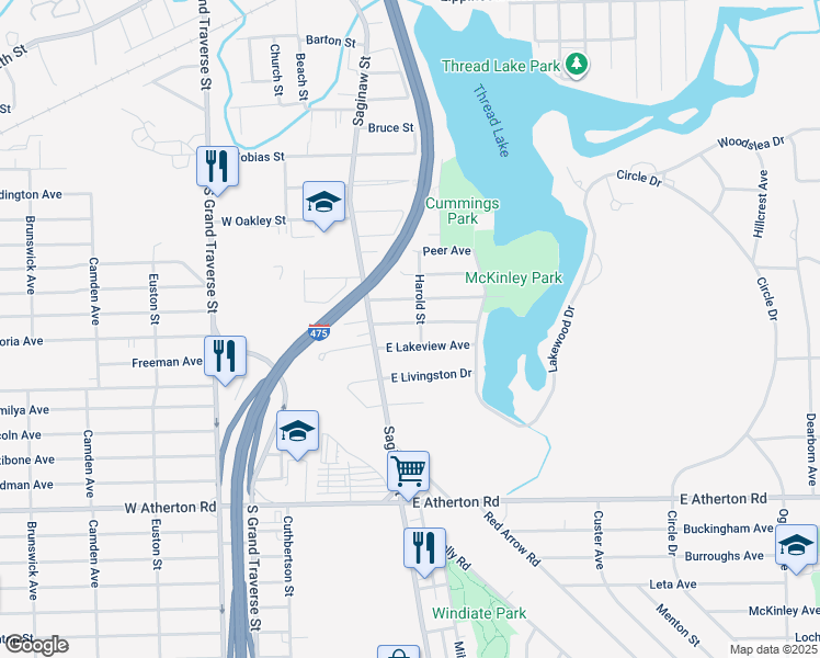 map of restaurants, bars, coffee shops, grocery stores, and more near 134 East Belvidere Avenue in Flint