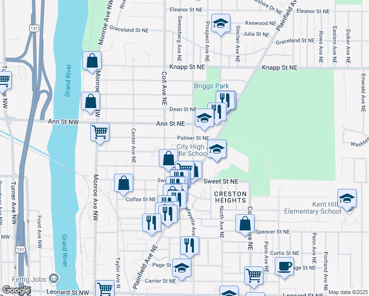 map of restaurants, bars, coffee shops, grocery stores, and more near 226 Palmer Street Northeast in Grand Rapids