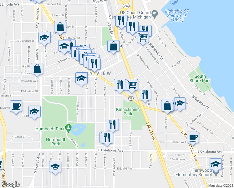 map of restaurants, bars, coffee shops, grocery stores, and more near 2777 South Kinnickinnic Avenue in Milwaukee