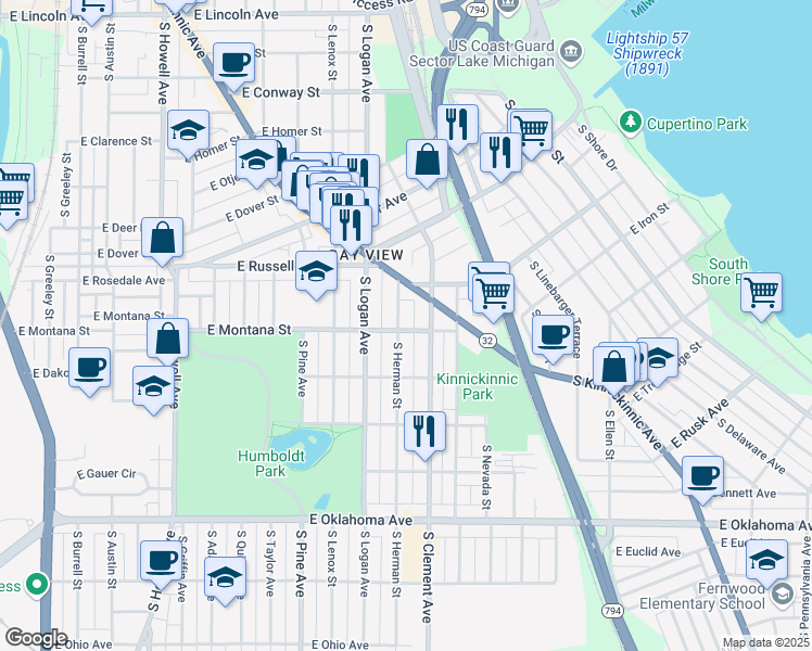map of restaurants, bars, coffee shops, grocery stores, and more near 2740 South Herman Street in Milwaukee