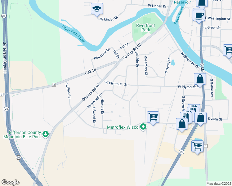 map of restaurants, bars, coffee shops, grocery stores, and more near 632 West Plymouth Street in Jefferson