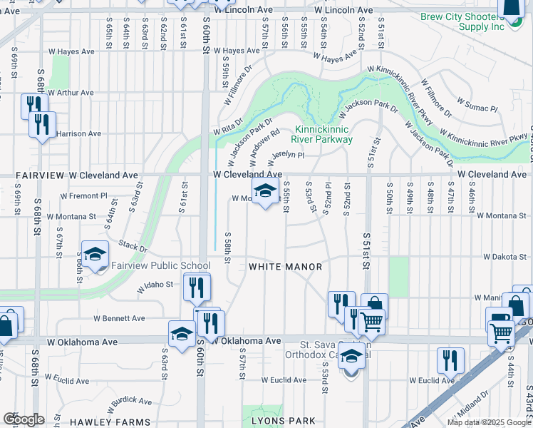 map of restaurants, bars, coffee shops, grocery stores, and more near 2765 South 55th Street in Milwaukee