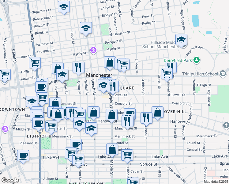 map of restaurants, bars, coffee shops, grocery stores, and more near 243 East High Street in Manchester