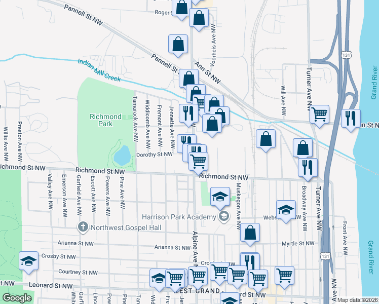 map of restaurants, bars, coffee shops, grocery stores, and more near 1661 Alpine Avenue Northwest in Grand Rapids