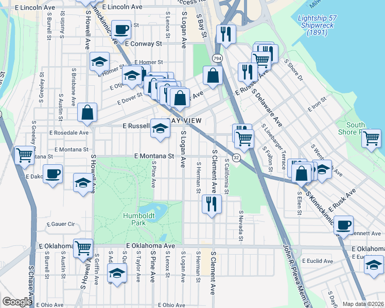 map of restaurants, bars, coffee shops, grocery stores, and more near 2740 South Herman Street in Milwaukee