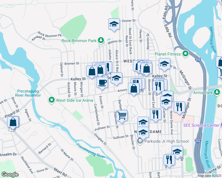 map of restaurants, bars, coffee shops, grocery stores, and more near 435 Amory Street in Manchester