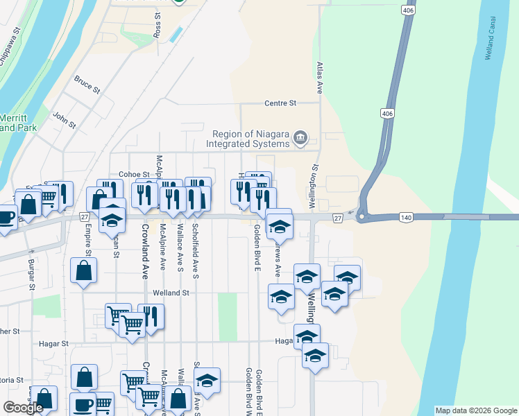 map of restaurants, bars, coffee shops, grocery stores, and more near 936 East Main Street in Welland