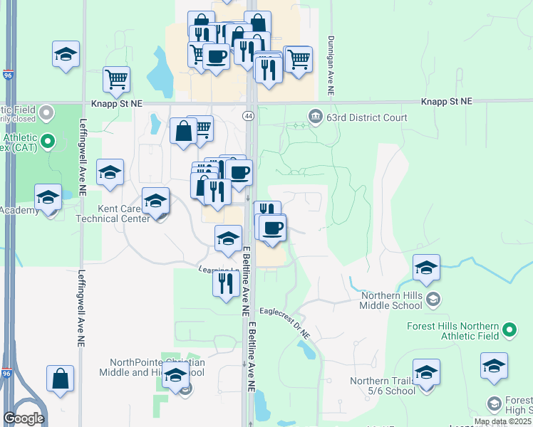 map of restaurants, bars, coffee shops, grocery stores, and more near 1700 East Beltline Avenue Northeast in Grand Rapids