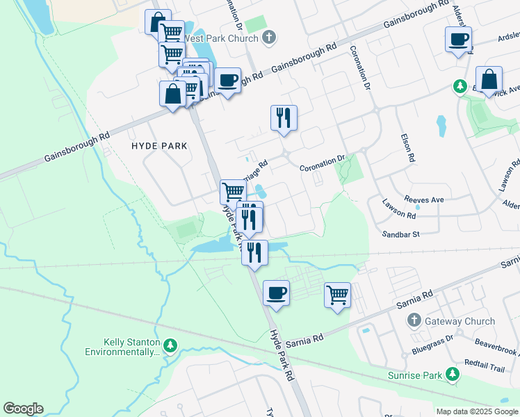 map of restaurants, bars, coffee shops, grocery stores, and more near Finley Crescent in London