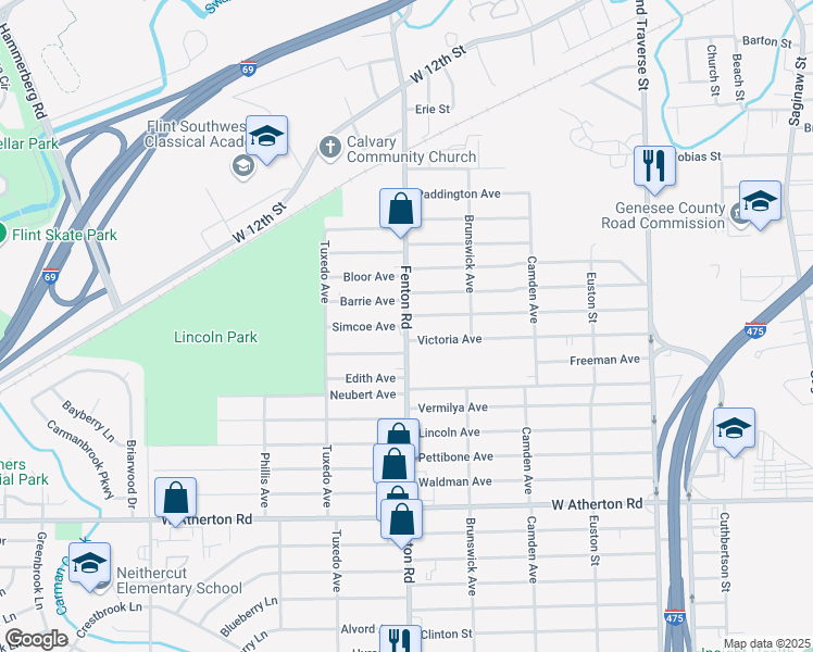 map of restaurants, bars, coffee shops, grocery stores, and more near Fenton Rd & Simcoe Ave in Flint