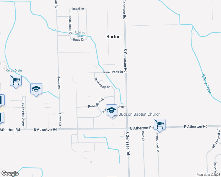 map of restaurants, bars, coffee shops, grocery stores, and more near 4438 Colby Court in Burton