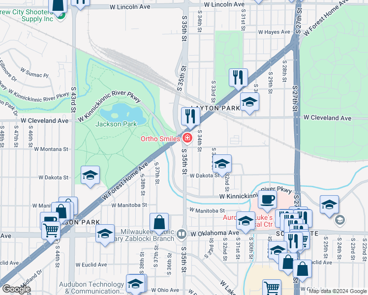map of restaurants, bars, coffee shops, grocery stores, and more near South 35th Street in Milwaukee