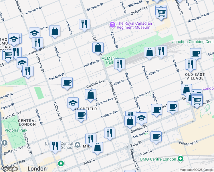 map of restaurants, bars, coffee shops, grocery stores, and more near 571 Adelaide Street North in London