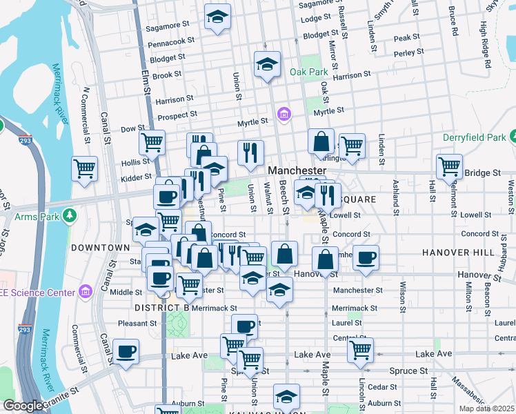 map of restaurants, bars, coffee shops, grocery stores, and more near 70 Walnut Street in Manchester