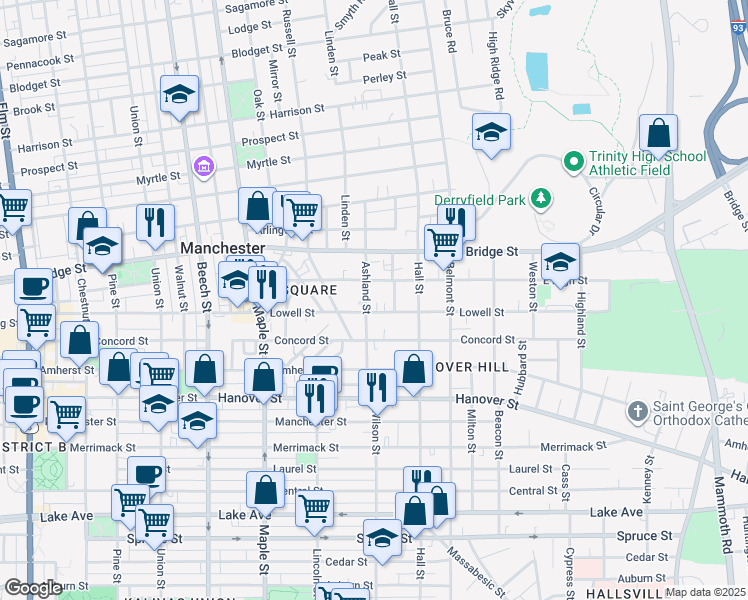 map of restaurants, bars, coffee shops, grocery stores, and more near 351 East High Street in Manchester