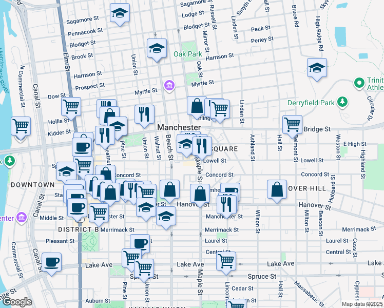 map of restaurants, bars, coffee shops, grocery stores, and more near 73 Ash Street East Back in Manchester
