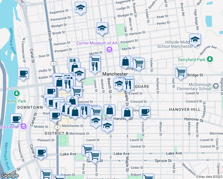 map of restaurants, bars, coffee shops, grocery stores, and more near 585 New Hampshire 28 in Manchester