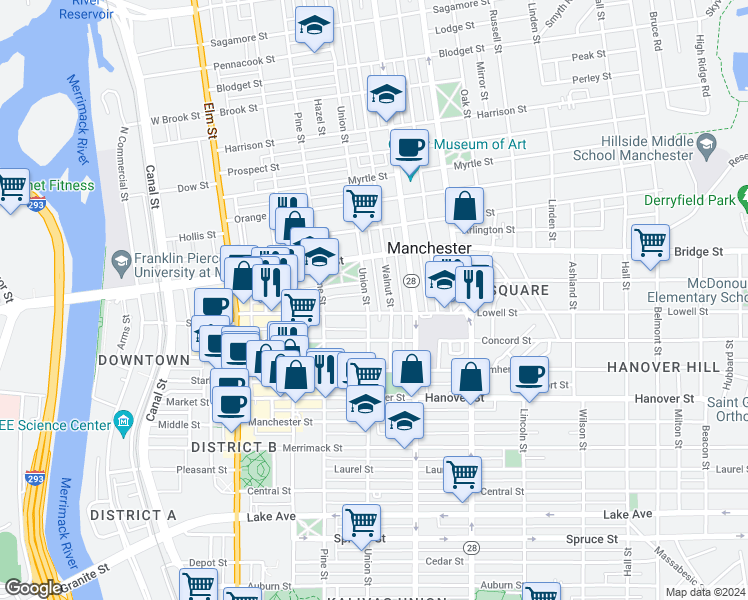 map of restaurants, bars, coffee shops, grocery stores, and more near 70 Walnut Street in Manchester