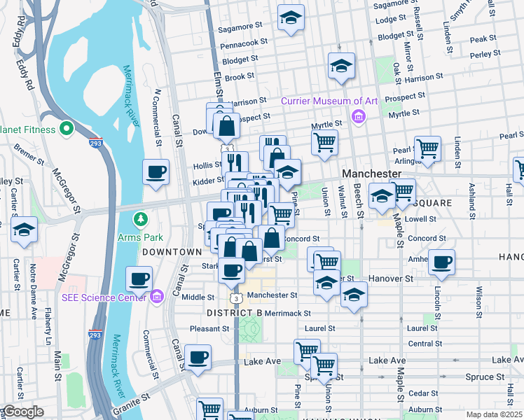 map of restaurants, bars, coffee shops, grocery stores, and more near 29 Kosciuszko Street in Manchester
