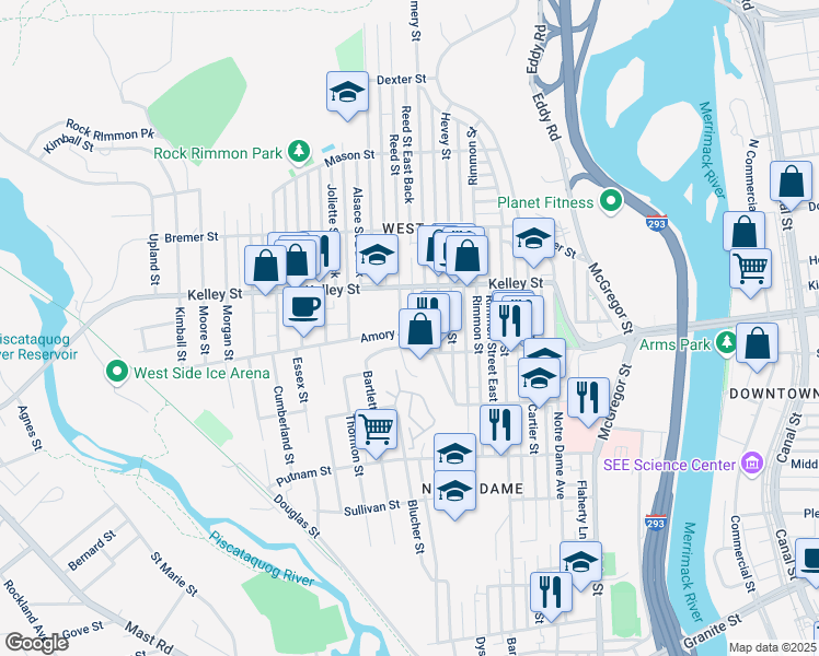 map of restaurants, bars, coffee shops, grocery stores, and more near 546 Montgomery Street in Manchester