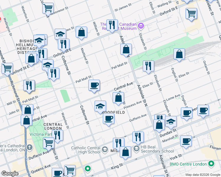 map of restaurants, bars, coffee shops, grocery stores, and more near 619 William Street in London
