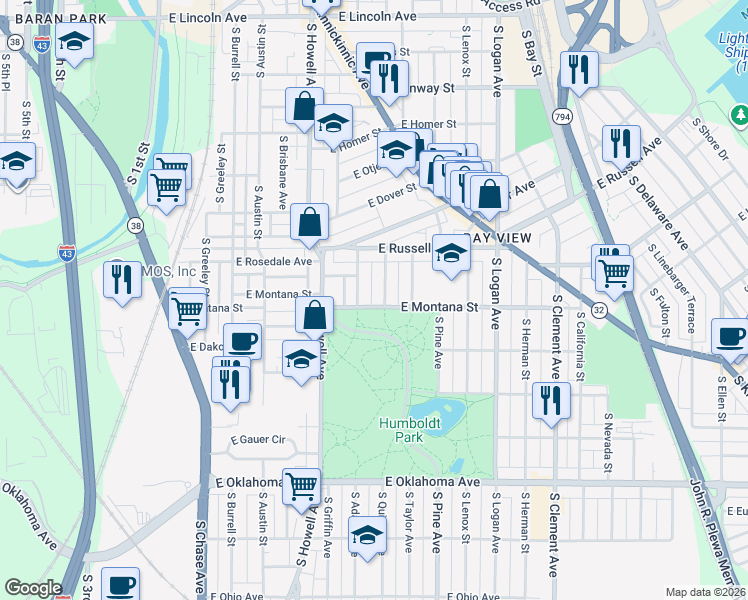 map of restaurants, bars, coffee shops, grocery stores, and more near 2752 S Quincy Ave in Milwaukee