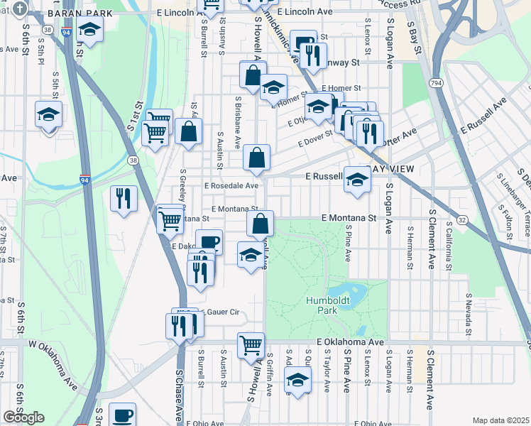 map of restaurants, bars, coffee shops, grocery stores, and more near 2751 South Howell Avenue in Milwaukee