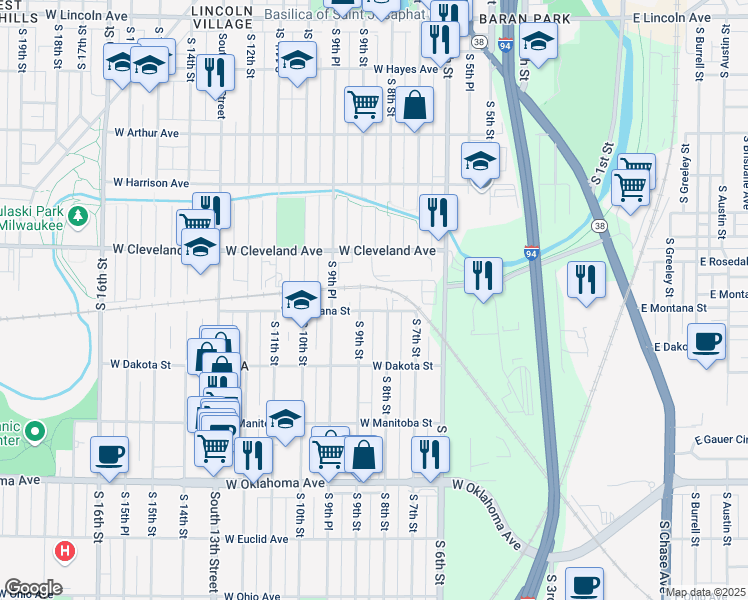 map of restaurants, bars, coffee shops, grocery stores, and more near 725R West Cleveland Avenue in Milwaukee