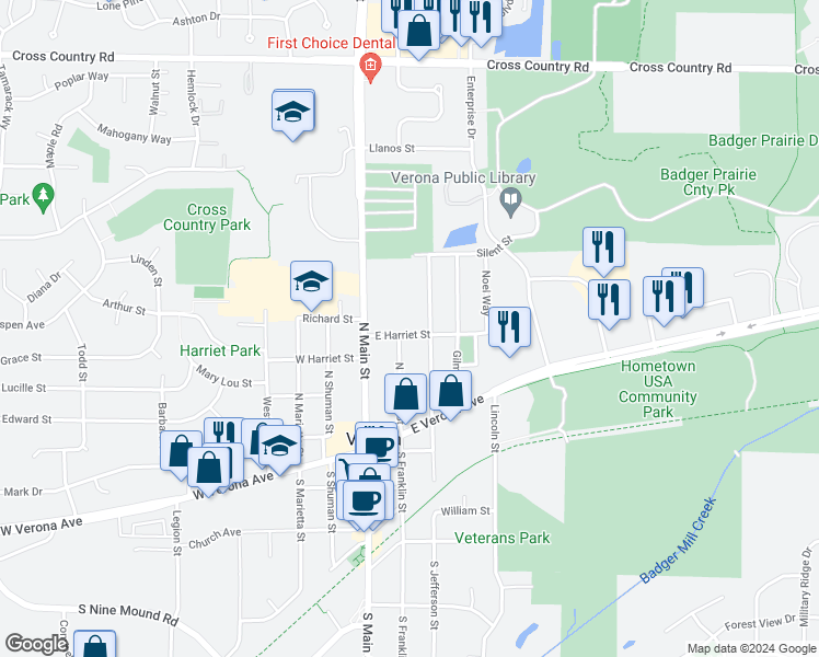 map of restaurants, bars, coffee shops, grocery stores, and more near 200 East Harriet Street in Verona