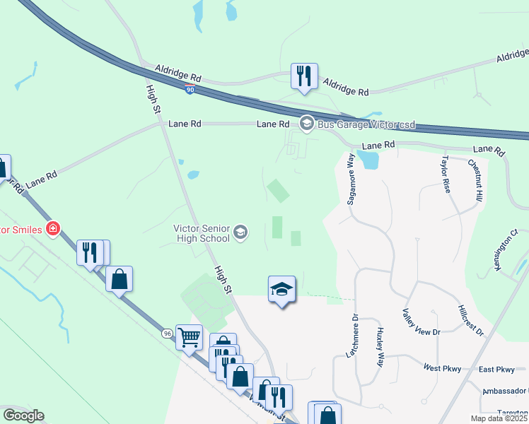 map of restaurants, bars, coffee shops, grocery stores, and more near 953 High Street in Victor