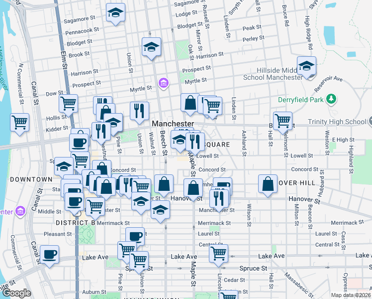 map of restaurants, bars, coffee shops, grocery stores, and more near 73 Ash Street East Back in Manchester